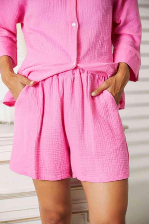 Textured Shirt And Elastic Waist Shorts Pink Outfit Set - MXSTUDIO.COM