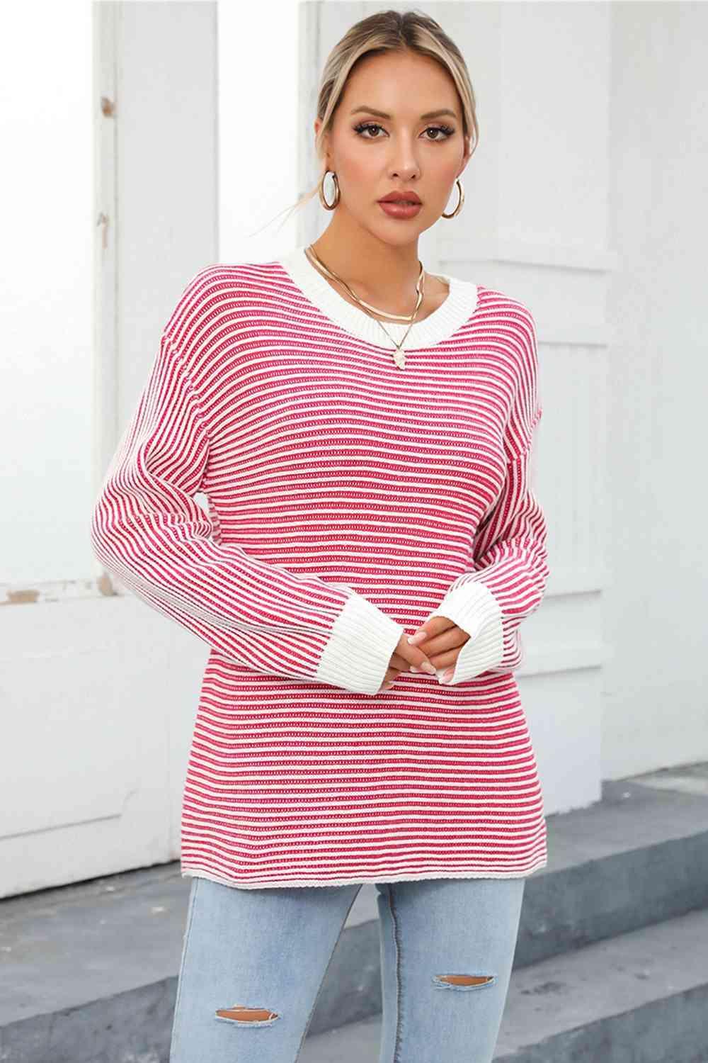 Thermal Crew Neck Striped Knit Sweater - MXSTUDIO.COM