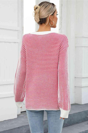 Thermal Crew Neck Striped Knit Sweater - MXSTUDIO.COM