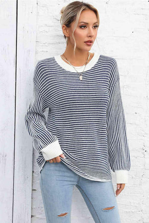 Thermal Crew Neck Striped Knit Sweater - MXSTUDIO.COM