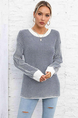 Thermal Crew Neck Striped Knit Sweater - MXSTUDIO.COM