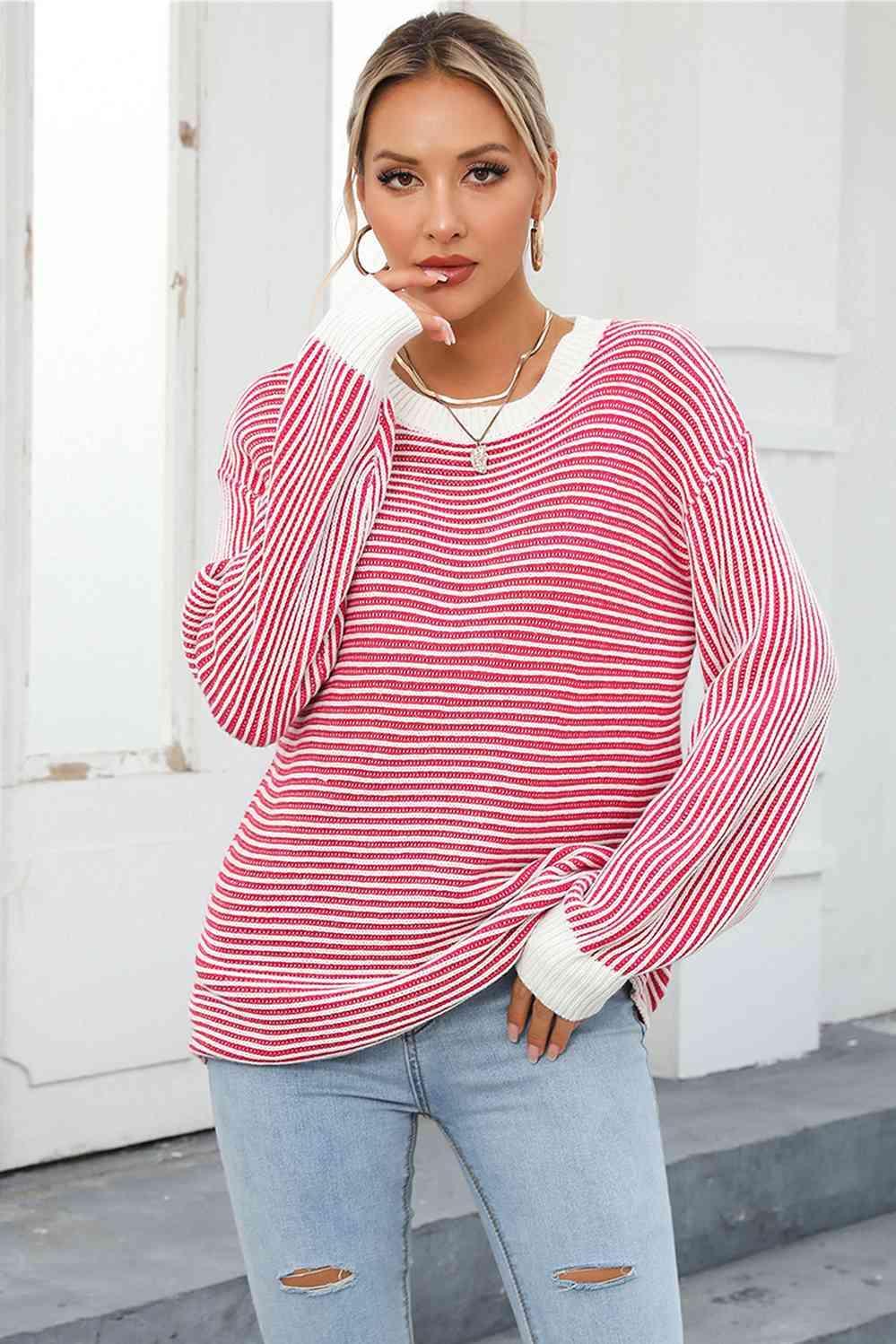 Thermal Crew Neck Striped Knit Sweater - MXSTUDIO.COM