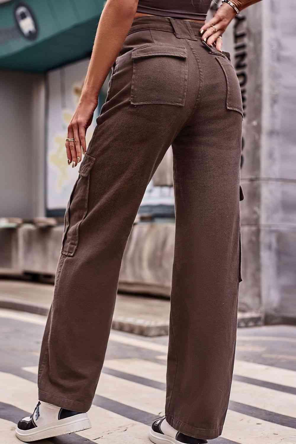 Thigh Pockets High Waist Straight Leg Cargo Pants - MXSTUDIO.COM