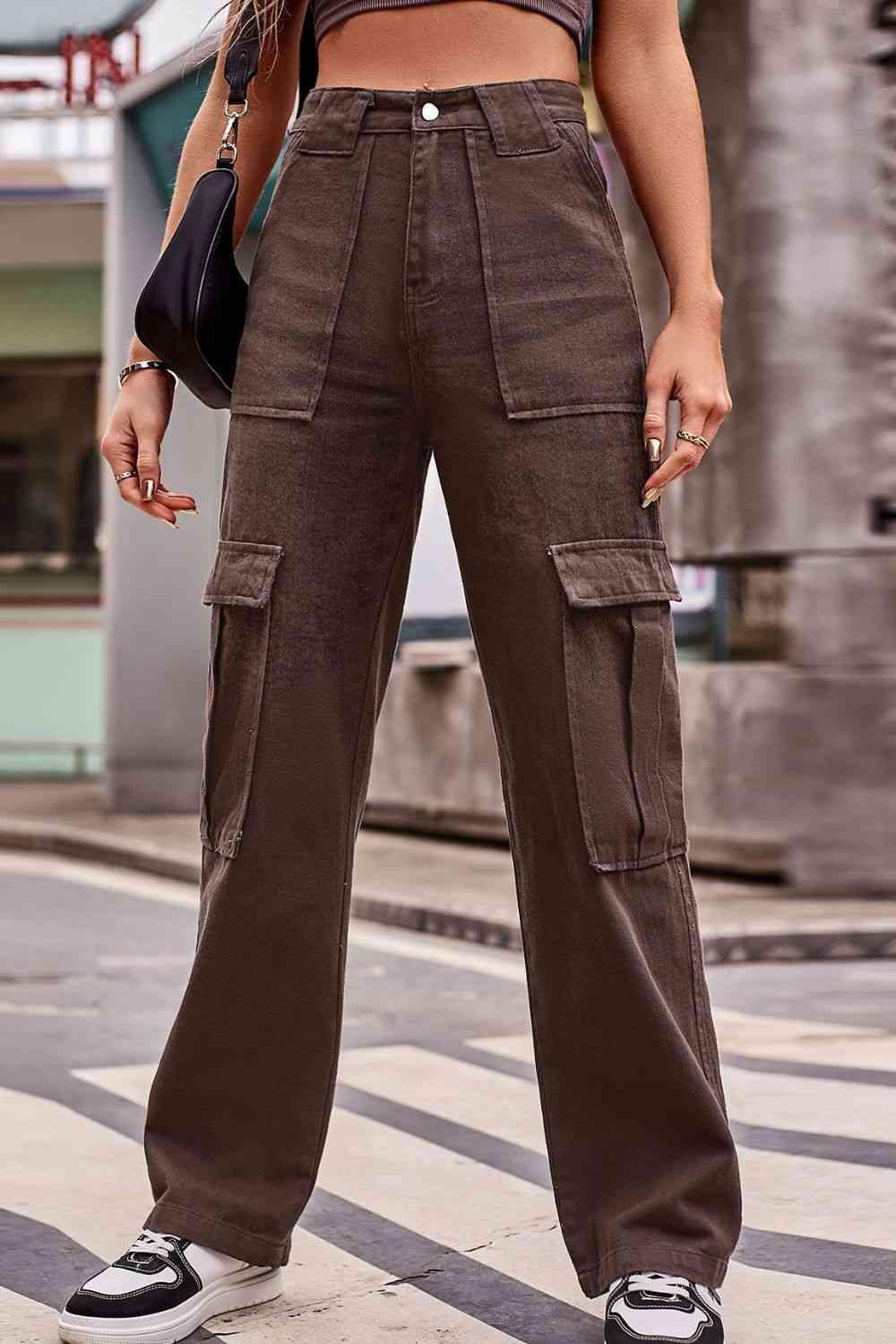 Thigh Pockets High Waist Straight Leg Cargo Pants - MXSTUDIO.COM