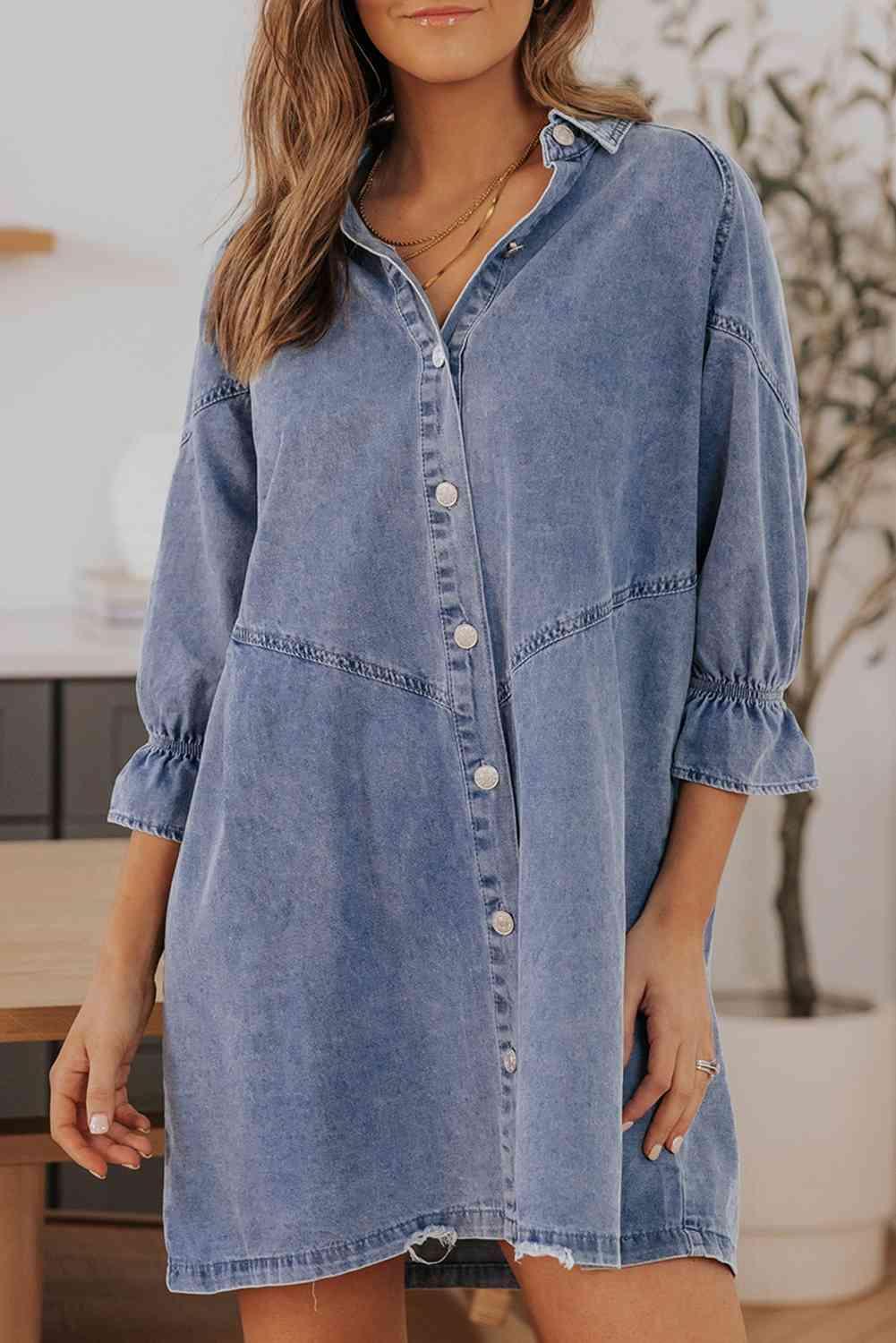 Three-Quarter Sleeve Button Front Denim Mini Dress - MXSTUDIO.COM