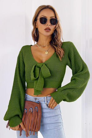 Tie Bow Detail Cropped V Neck Sweater-MXSTUDIO.COM