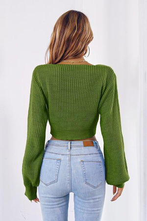 Tie Bow Detail Cropped V Neck Sweater-MXSTUDIO.COM