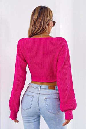 Tie Bow Detail Cropped V Neck Sweater-MXSTUDIO.COM