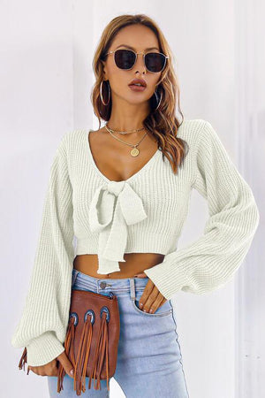 Tie Bow Detail Cropped V Neck Sweater-MXSTUDIO.COM