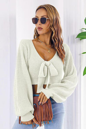 Tie Bow Detail Cropped V Neck Sweater-MXSTUDIO.COM