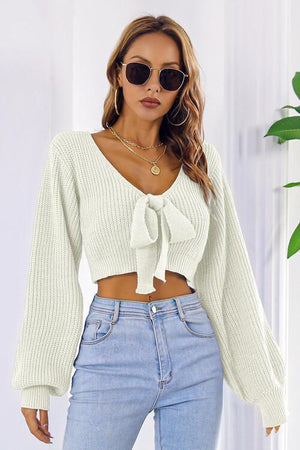 Tie Bow Detail Cropped V Neck Sweater-MXSTUDIO.COM