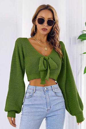Tie Bow Detail Cropped V Neck Sweater-MXSTUDIO.COM
