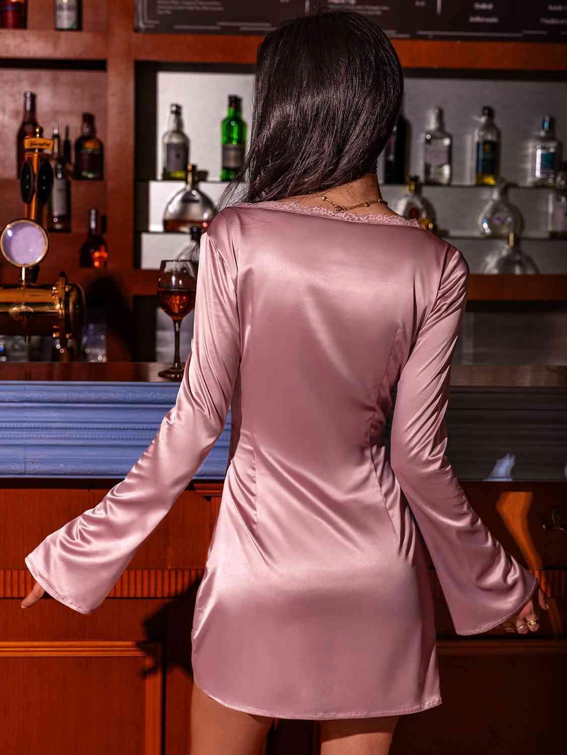 Tie Detail Long Sleeve Dusty Pink Night Dress - MXSTUDIO.COM
