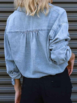 Tie Hem Buttoned Long Sleeve Denim Top - MXSTUDIO.COM