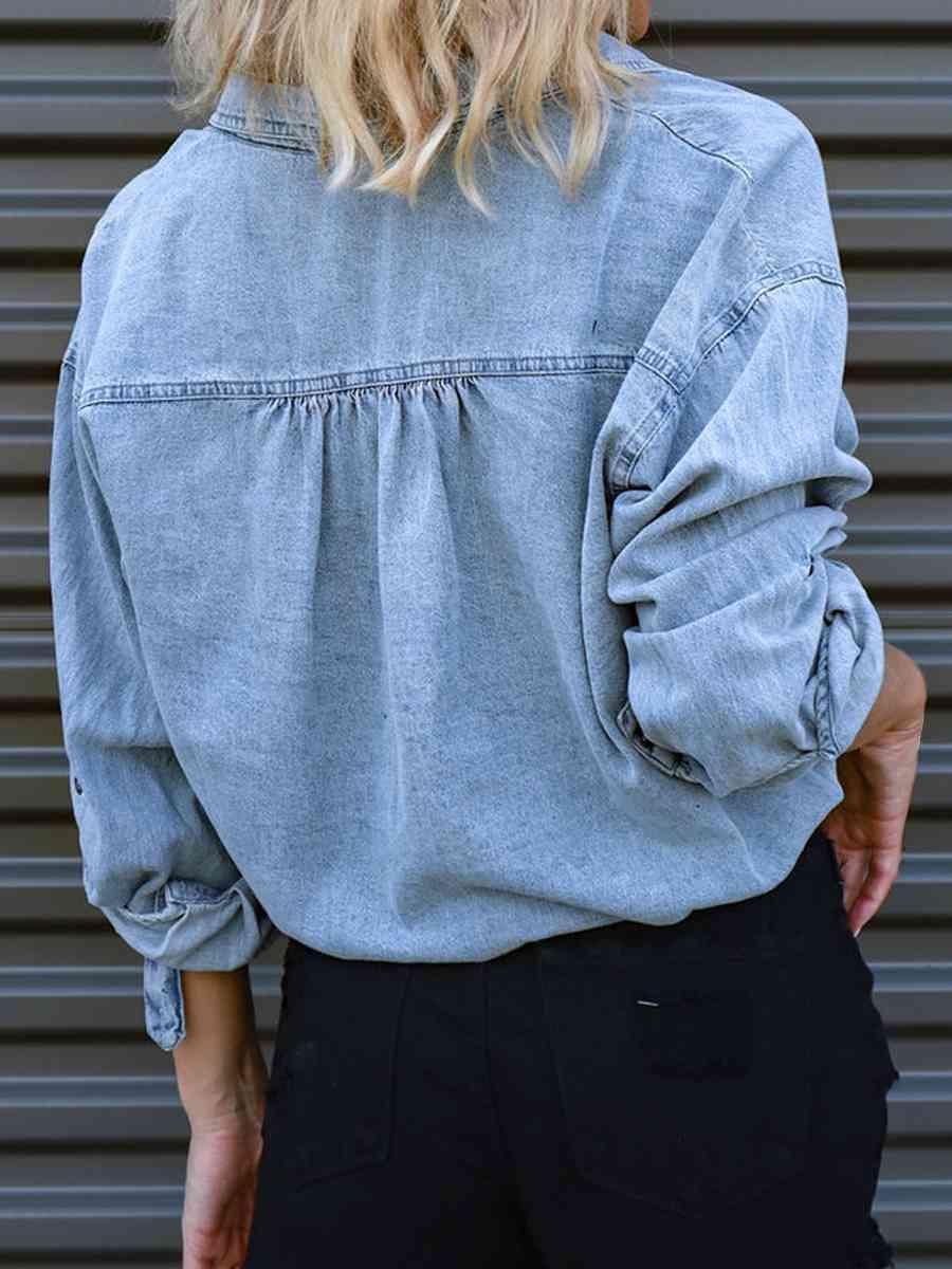 Tie Hem Buttoned Long Sleeve Denim Top - MXSTUDIO.COM
