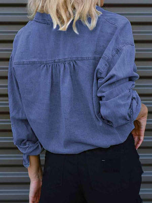 Tie Hem Buttoned Long Sleeve Denim Top - MXSTUDIO.COM
