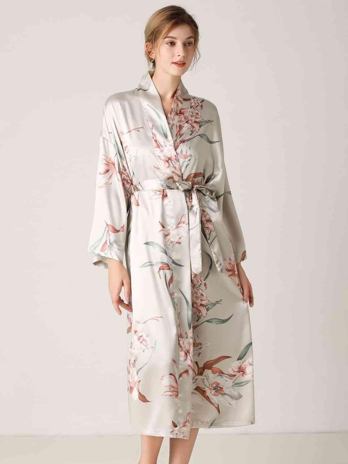 Tie Waist Long Sleeve Light Gray Floral Robe - MXSTUDIO.COM