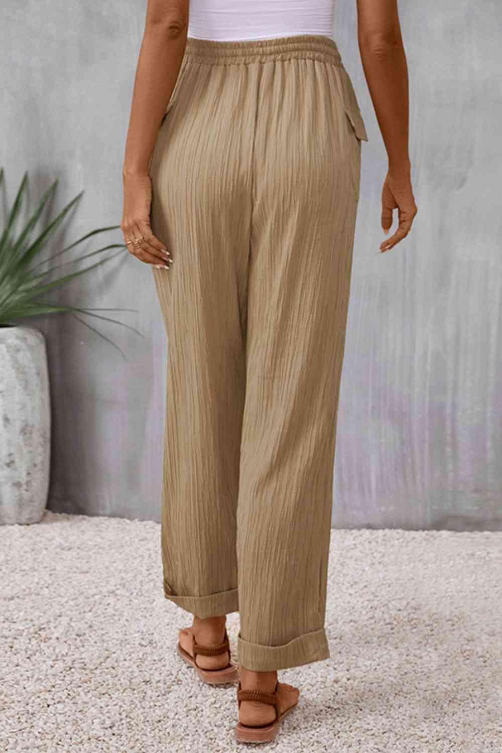 Tie Waist Pocketed Long Wide Leg Khaki Pants - MXSTUDIO.COM