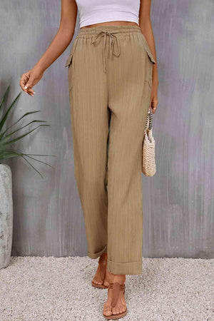 Tie Waist Pocketed Long Wide Leg Khaki Pants - MXSTUDIO.COM