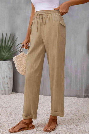 Tie Waist Pocketed Long Wide Leg Khaki Pants - MXSTUDIO.COM