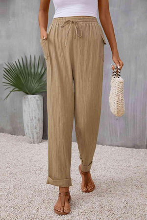 Tie Waist Pocketed Long Wide Leg Khaki Pants - MXSTUDIO.COM