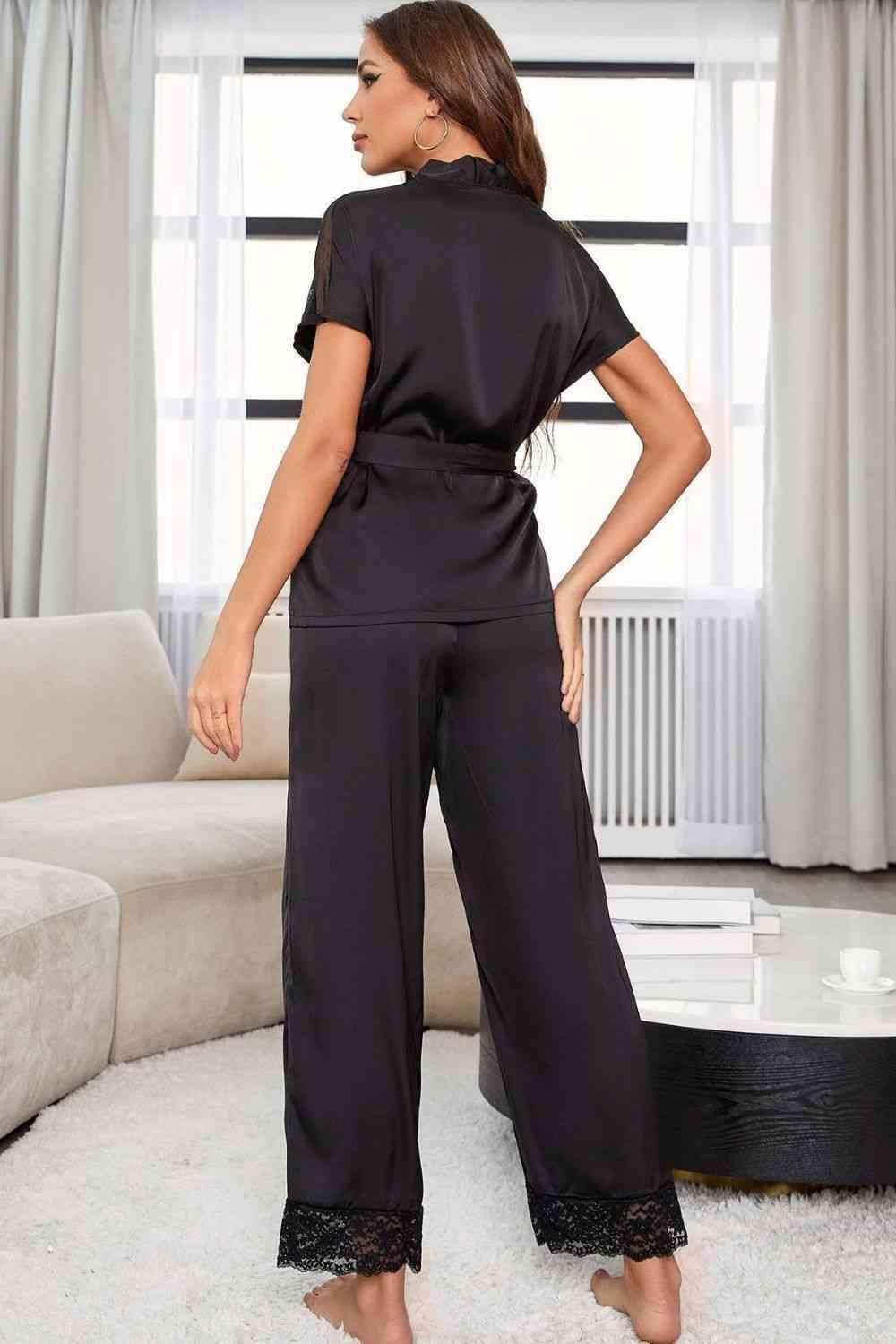 Tie Waist Top And Pants Black Pajama Set - MXSTUDIO.COM