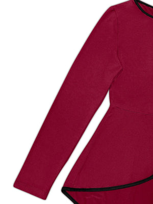 a women's red dress with black trims