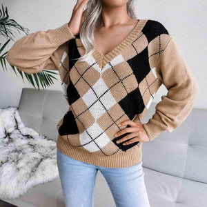Timeless Choice V-Neck Argyle Sweater-MXSTUDIO.COM
