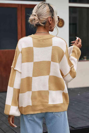 Timeless Coziness Exposed Seam Checkered Sweater - MXSTUDIO.COM