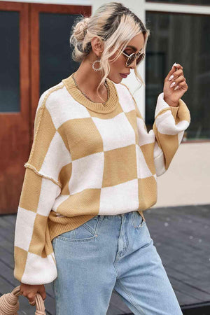 Timeless Coziness Exposed Seam Checkered Sweater - MXSTUDIO.COM