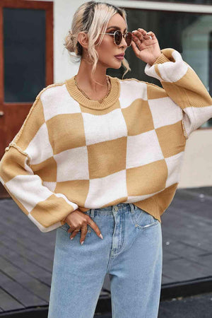 Timeless Coziness Exposed Seam Checkered Sweater - MXSTUDIO.COM