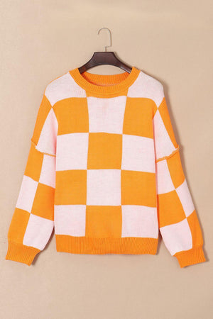 Timeless Coziness Exposed Seam Checkered Sweater - MXSTUDIO.COM