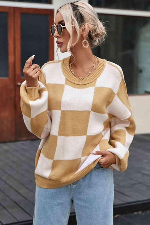Timeless Coziness Exposed Seam Checkered Sweater - MXSTUDIO.COM