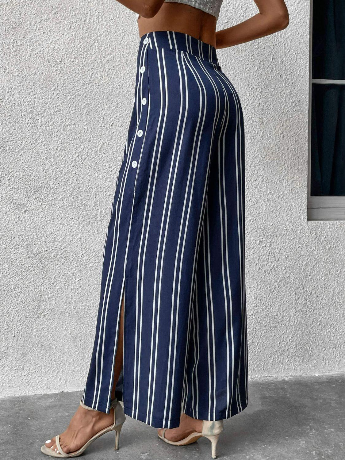 Timeless Fashion Slit Striped Wide Leg Pants - MXSTUDIO.COM