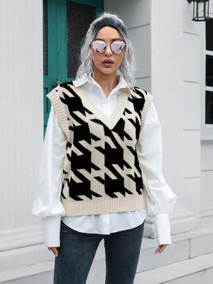 Timeless Layer V-Neck Houndstooth Sweater Vest-MXSTUDIO.COM