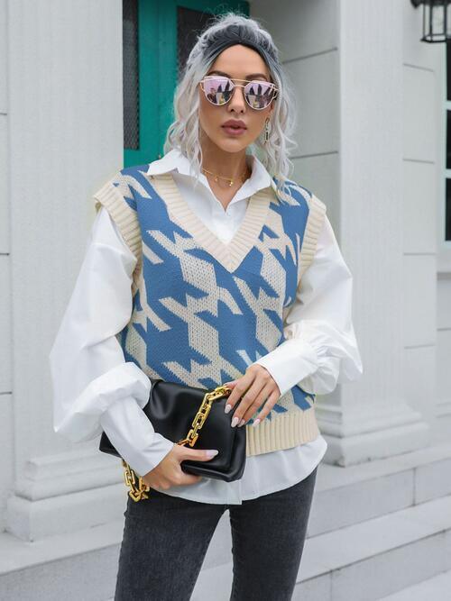 Timeless Layer V-Neck Houndstooth Sweater Vest-MXSTUDIO.COM