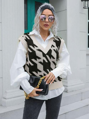 Timeless Layer V-Neck Houndstooth Sweater Vest-MXSTUDIO.COM