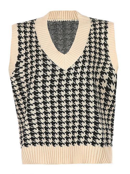 Timeless Staple Knit V-Neck Houndstooth Sweater Vest-MXSTUDIO.COM