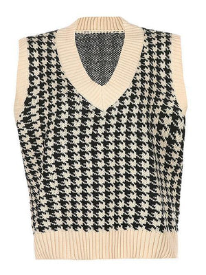 Timeless Staple Knit V-Neck Houndstooth Sweater Vest-MXSTUDIO.COM