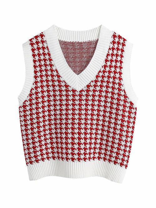 Timeless Staple Knit V-Neck Houndstooth Sweater Vest-MXSTUDIO.COM