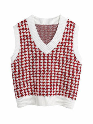 Timeless Staple Knit V-Neck Houndstooth Sweater Vest-MXSTUDIO.COM