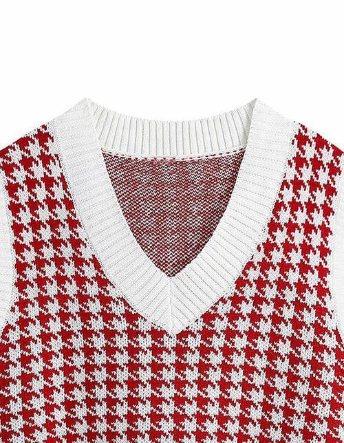 Timeless Staple Knit V-Neck Houndstooth Sweater Vest-MXSTUDIO.COM