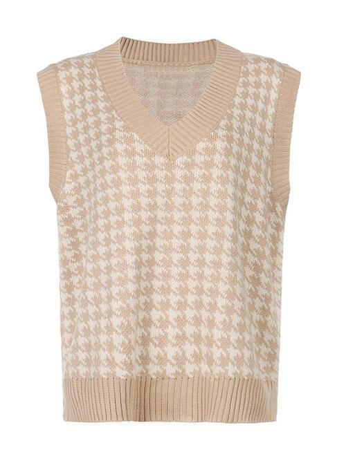 Timeless Staple Knit V-Neck Houndstooth Sweater Vest-MXSTUDIO.COM