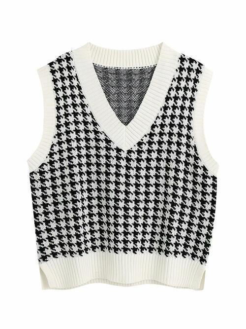 Timeless Staple Knit V-Neck Houndstooth Sweater Vest-MXSTUDIO.COM