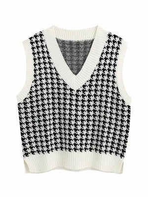 Timeless Staple Knit V-Neck Houndstooth Sweater Vest-MXSTUDIO.COM