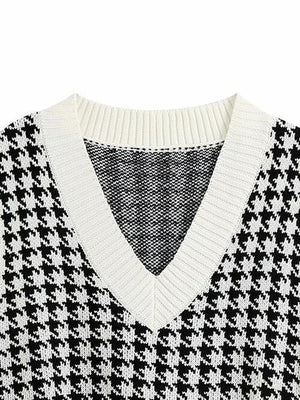 Timeless Staple Knit V-Neck Houndstooth Sweater Vest-MXSTUDIO.COM