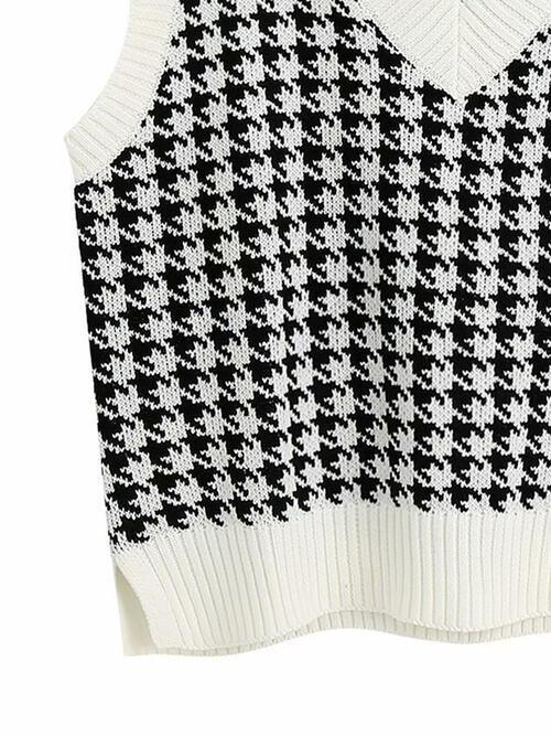 Timeless Staple Knit V-Neck Houndstooth Sweater Vest-MXSTUDIO.COM