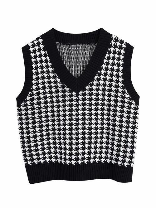 Timeless Staple Knit V-Neck Houndstooth Sweater Vest-MXSTUDIO.COM