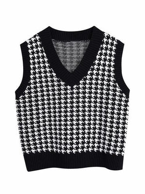Timeless Staple Knit V-Neck Houndstooth Sweater Vest-MXSTUDIO.COM