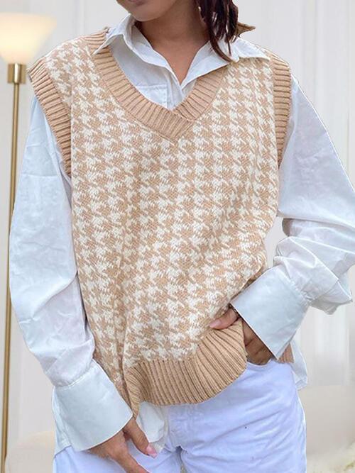 Timeless Staple Knit V-Neck Houndstooth Sweater Vest-MXSTUDIO.COM